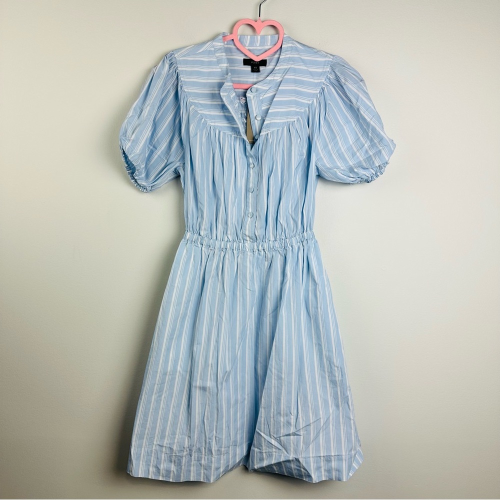 J. Crew NWT Blue and White Smocked Mini Dress with Mandarin Collar - Picture 2 of 11